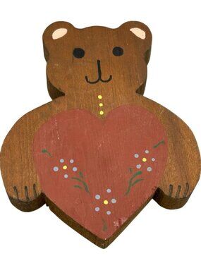 Vintage Wooden Teddy Bear Heart Wall Hanging Folk Art